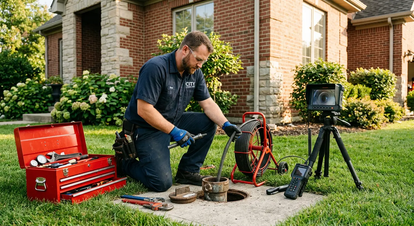 Sewer specialist with camera equipment servicing a cleanout in Amelia