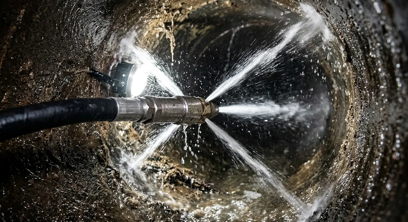 High-pressure hydro jetting nozzle cleaning sewer pipe for Trenchless Sewer Repair in Amelia