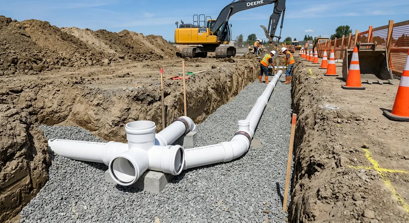 New PVC sewer pipe installation in open trench for Sewer Backup in Amelia